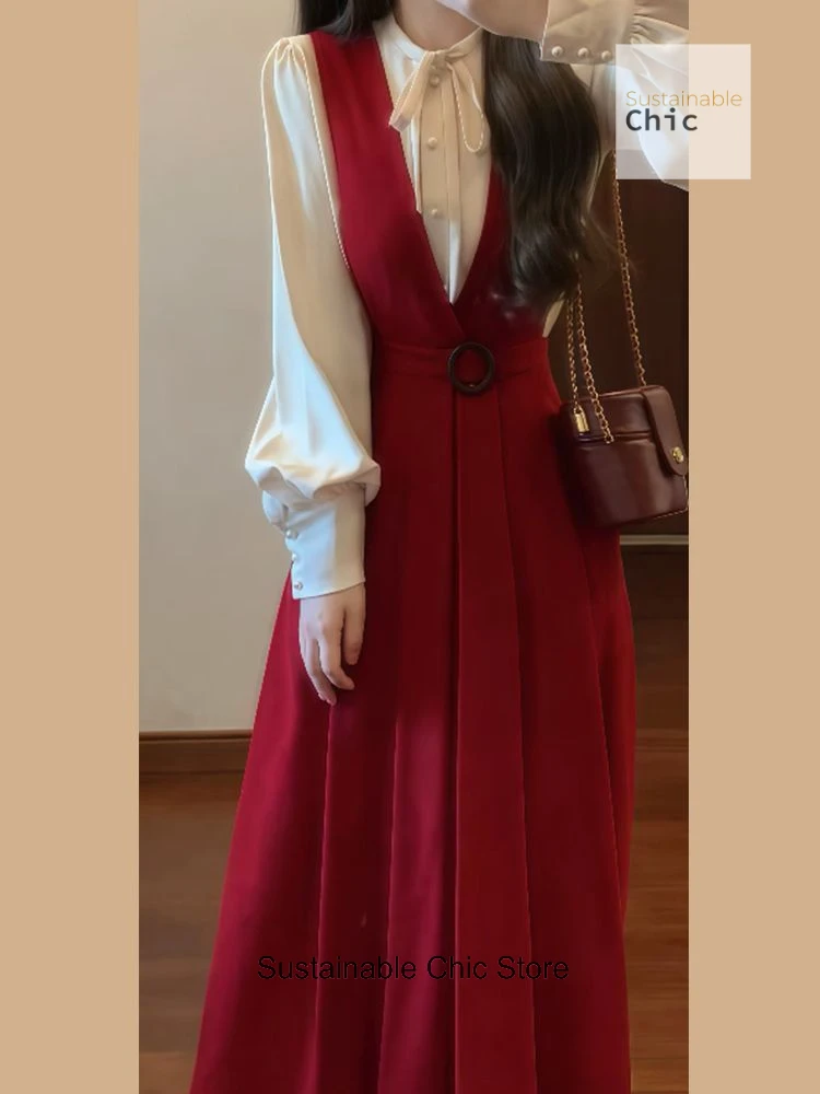 한국식 빨간색 고급 서스펜더 드레스 여성 봄, 가을 새로운 패션 기질 캐주얼 조커 작은 향수 정장