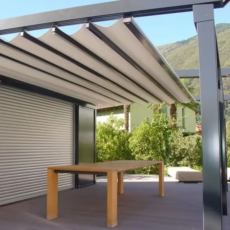 Amas Luxury Electric Retractable Roof System for Waterproof PVC Sliding Roof Pergola Canopy with Remote Operation LED