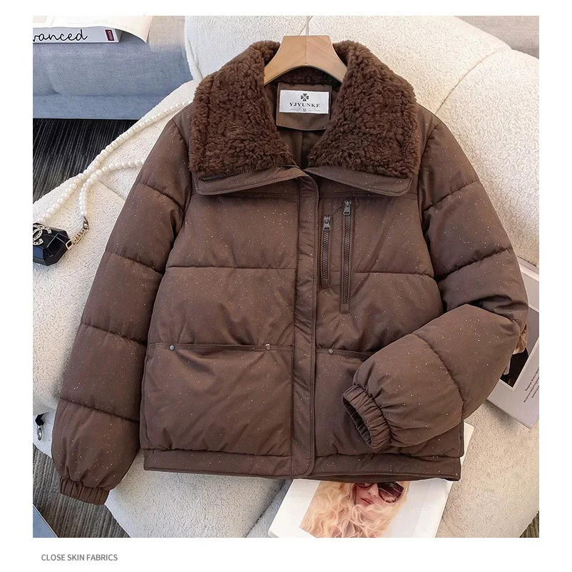 2026 winter new women's fashion lamb wool lapel warm thickened cotton clothing design sense age-reducing versatile jacket tide