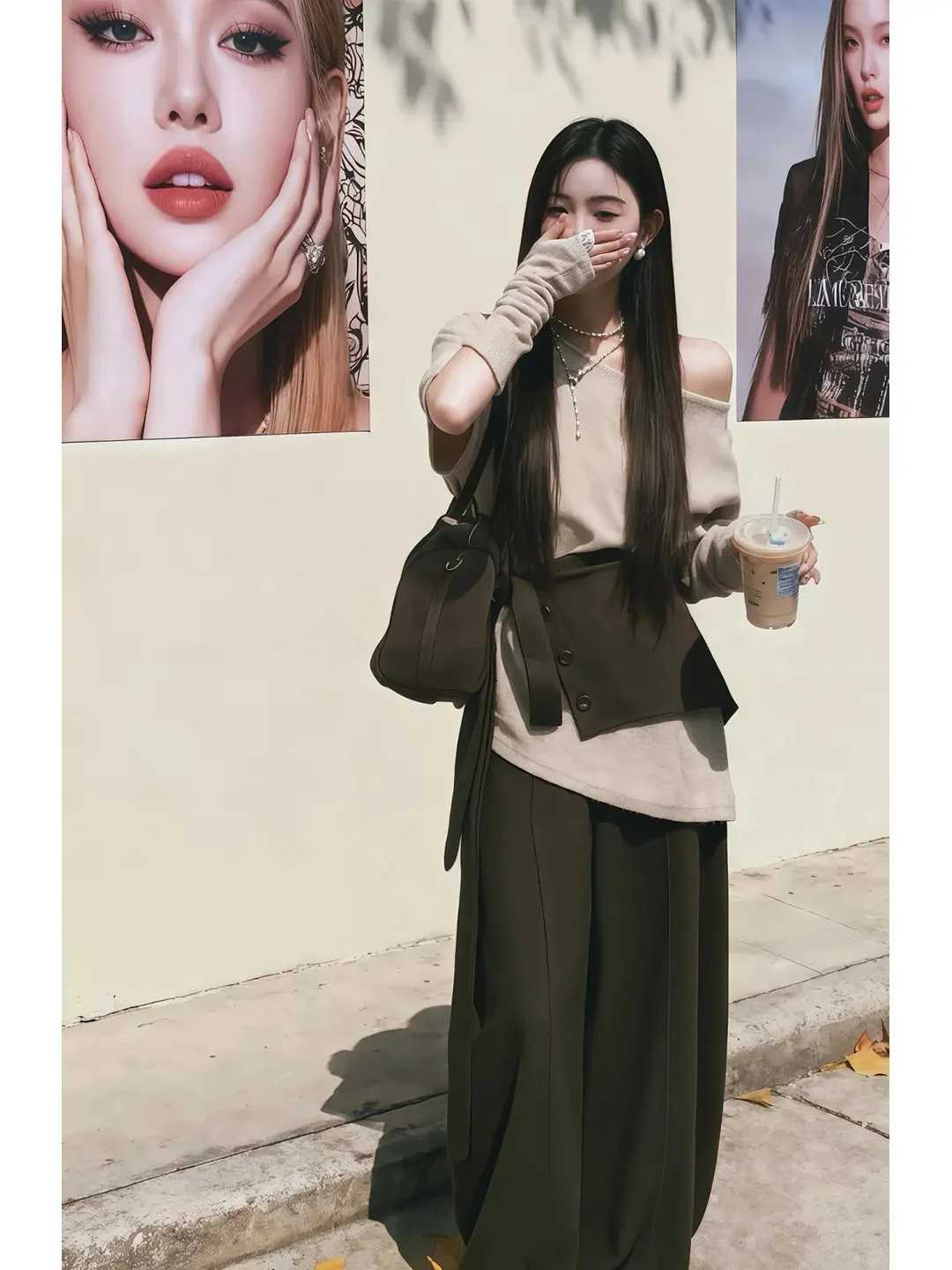 

Korean Style Versatile Casual Shoulder Bared Women's Three Piece Set Wide Leg Pants Top And Bottoms Spring Slimming Outfit
