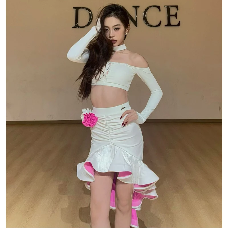 

White Latin Dance Costume Women Sexy Short Tops Fringed Skirt Adult Cha Cha Rumba Dance Performance Clothes Competition Clothing