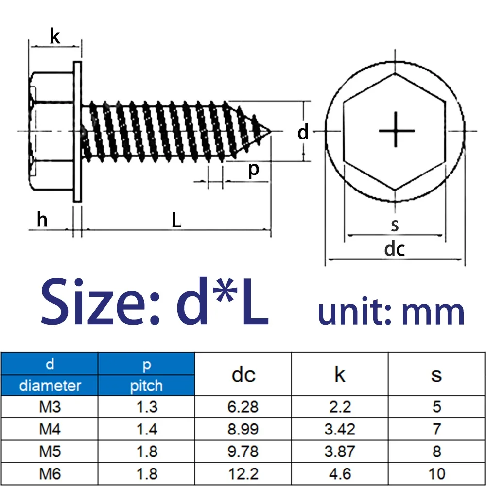 

5/10pcs M3 M4 M5 M6 304 Stainless Steel Self-Tapping Phillips Cross Recessed Hex Hexagonal Flange Cross Head Screws
