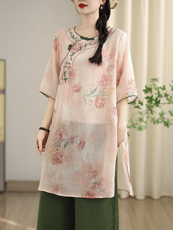 ชุดเดรสผ้าฝ้ายลินินปักลายศิลปะ ทรงเอ ไซส์ใหญ่ กระดุมเฉียง คอกลม แขนยาว ความยาวปานกลาง สไตล์ชุดน้ำชา