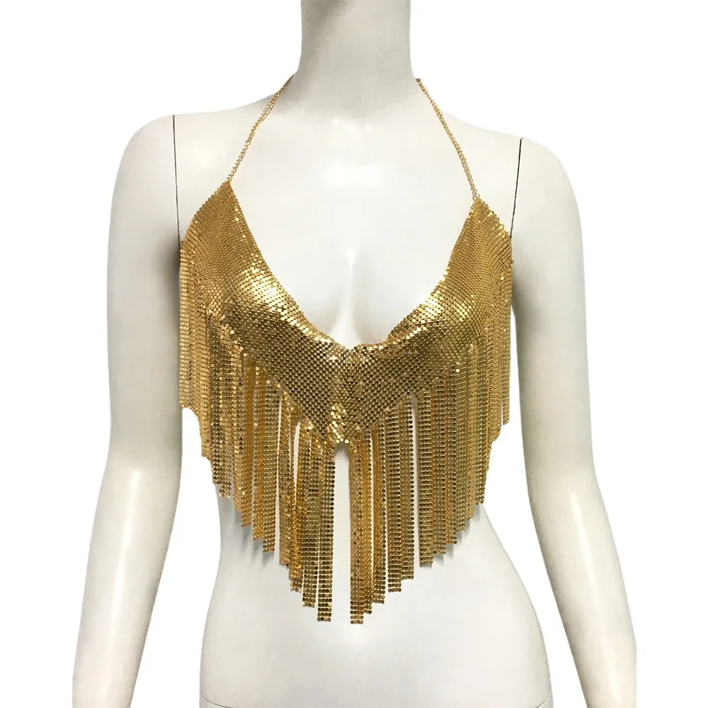 Bling metaliczny wiszące kolczyki z cekinami Crop Top na imprezę kobieta moda Halter dekolt projekt bez pleców pełnymi cekinami odzież nocna