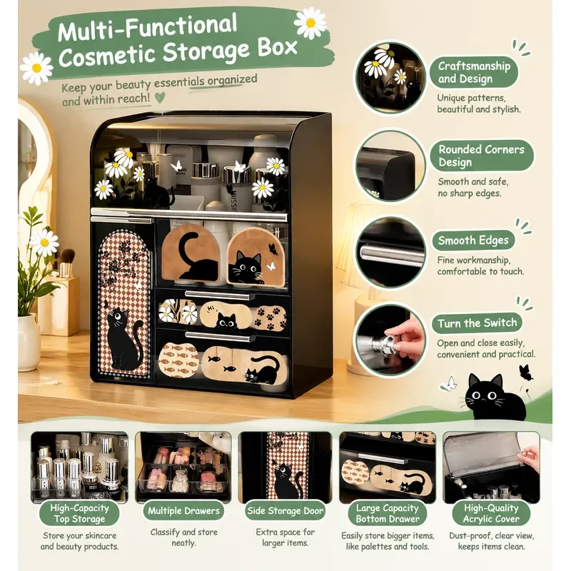 Vintage Style Makeup Organizer Large Capacity Dustproof Drawer Storage Box for Cosmetics Skincare Brushes Desktop Cabinet