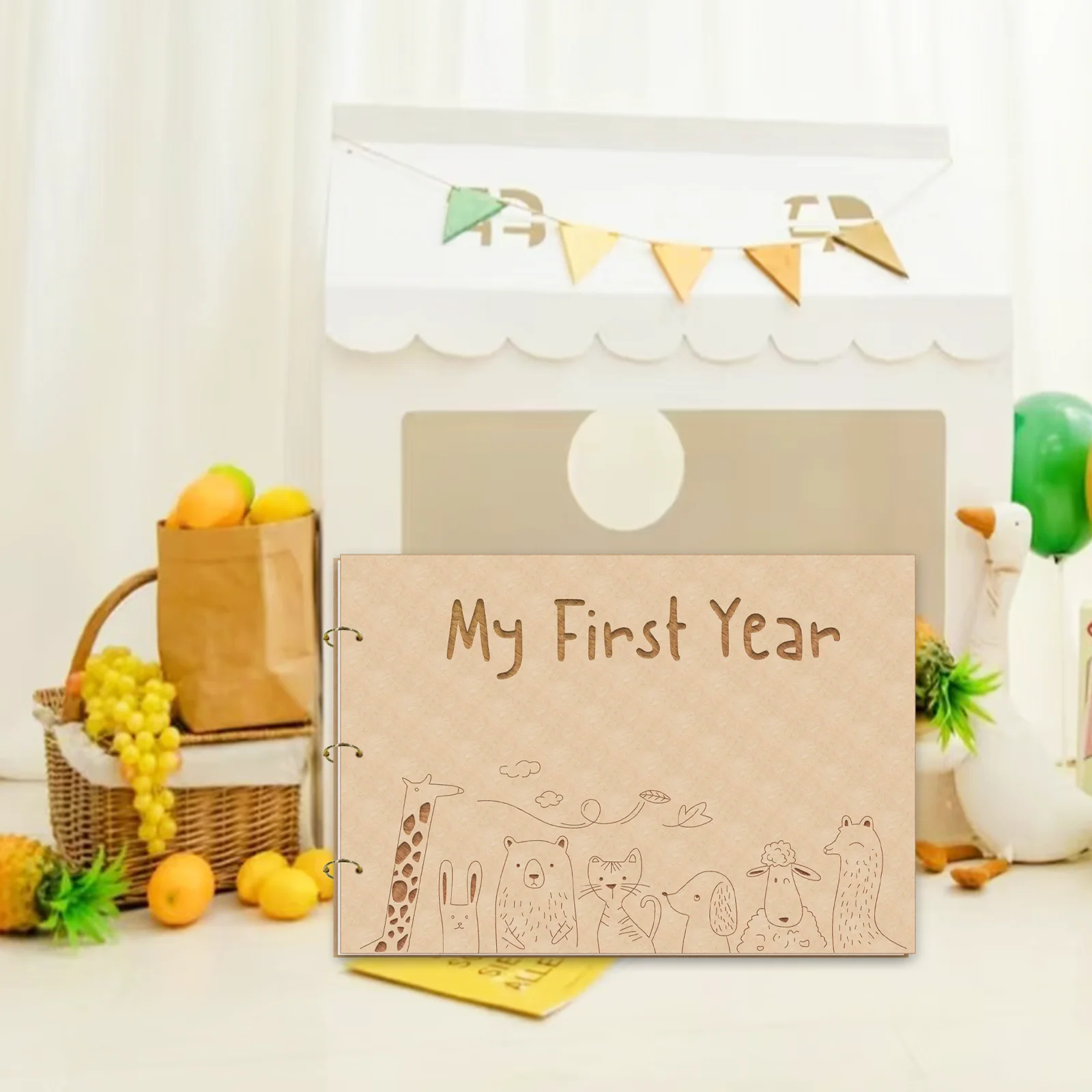

My First Year 3D Wooden Photo Album - Safari Animals Baby Memory Book, 20x15cm Keepsake with 20 Pages, Baby Shower Gift