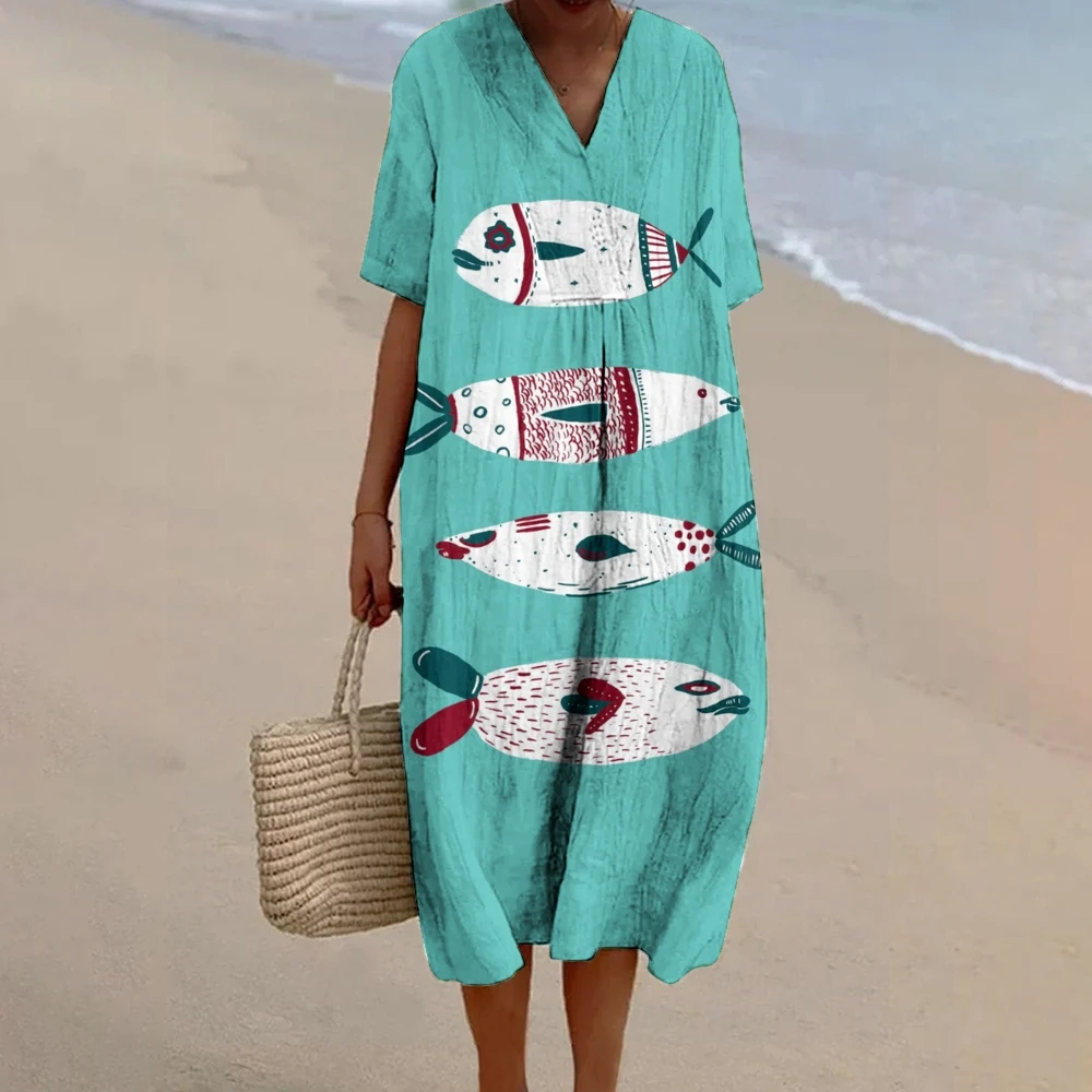 

Bohemian Print Loose Casual Beach Dress 2024 Summer Lady Holiday Robes Lady Beach Office Short Sleeve Dresses Robe