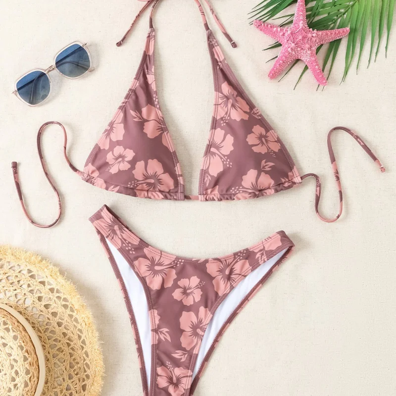 2025New Style Halter Neck Tie Sexy Triangle Bikini Two-Piece SetFlowerPrinted Swimsuitbikini