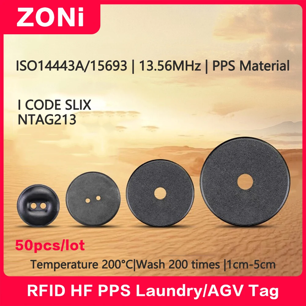 แท็กซักรีด RFID HF 13.56MHz NXP I CODE SLIX ทนความร้อนสูง ปุ่ม PPS สำหรับระบุตำแหน่ง AGV มาตรฐาน ISO14443A 15693 จำนวน 50 ชิ้น