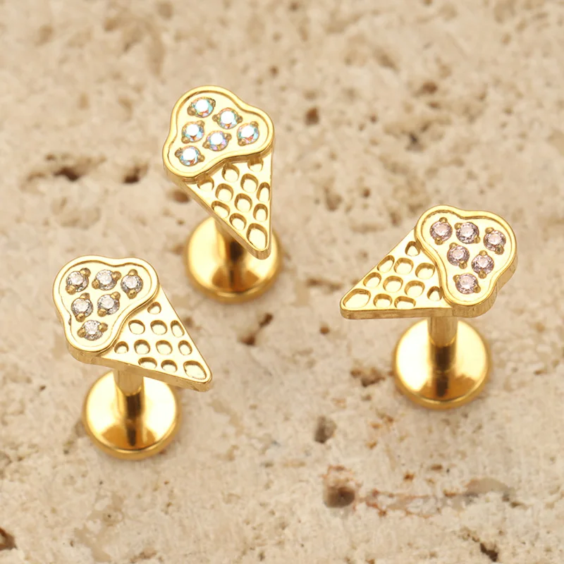 ASTM F136 Titanium Ice Cream CZ Piercing Internal Thread Labret Flat Back Earring Helix Stud Cartilage Anodizing Body Piercing
