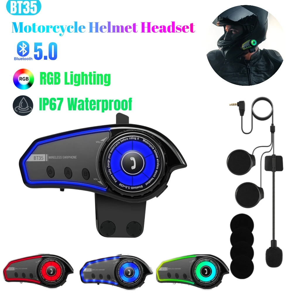 Motorcycle Helmet Earphone Bluetooth Headset Speakers RGB Light IPX67 Waterproof Motorcycle Wireless Hands Free Talking Headset