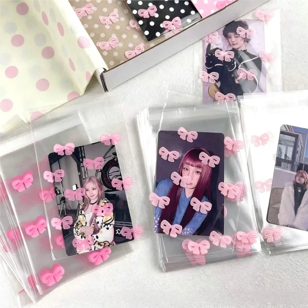 50pcs 8x10cm Kawaii Pink Bow Print Self Adhesive OPP Sealing Bags For Kpop Photo Card Badge Biscuit Small Gift Storage Pouches