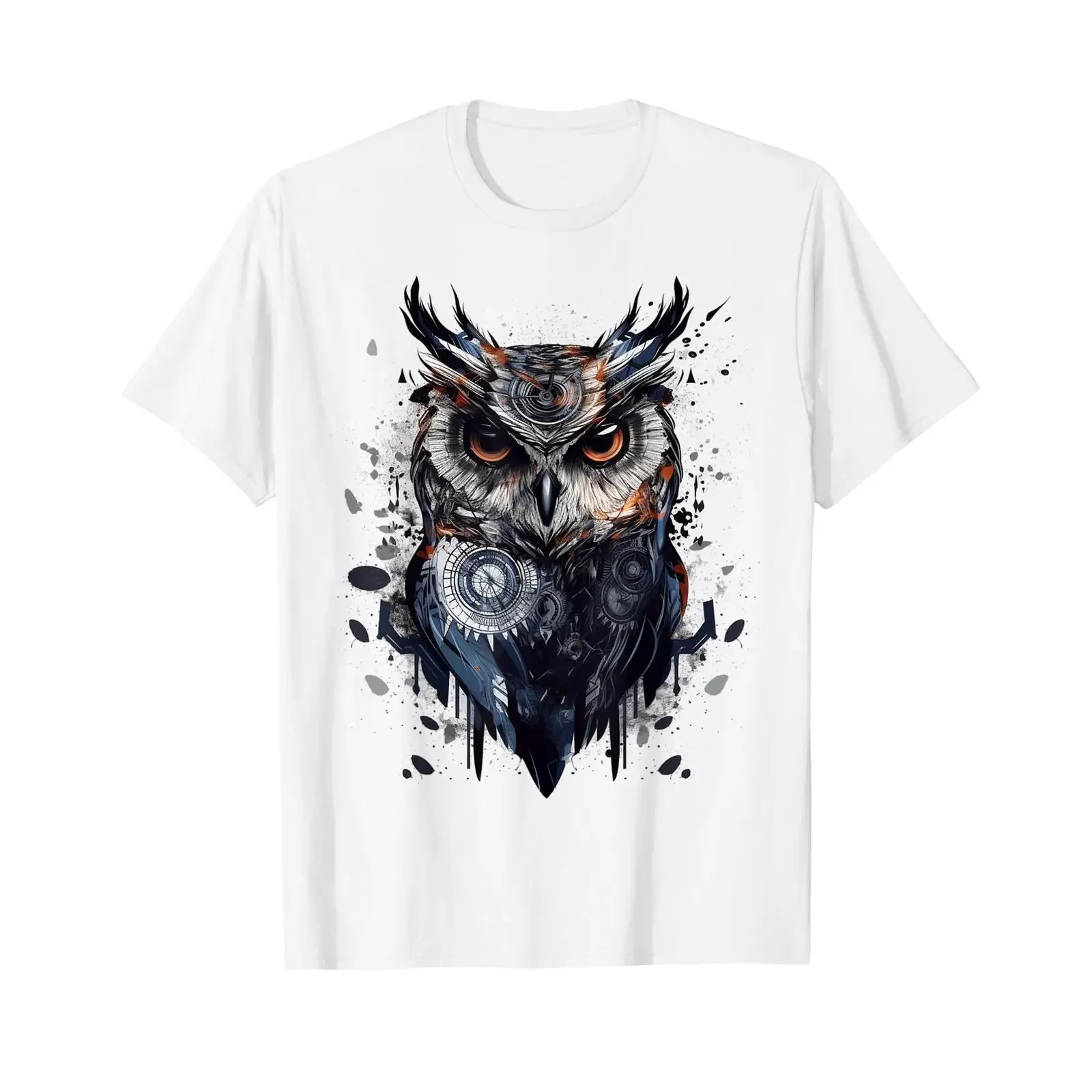 Eulen-Kunstwerk, Tier-Vogel-Kunst, T-Shirt, weiß, Vintage-Look, gewaschen, atmungsaktiv, vielseitig, Streetwear, lässig, weich, bequem, Unisex, für Herren.