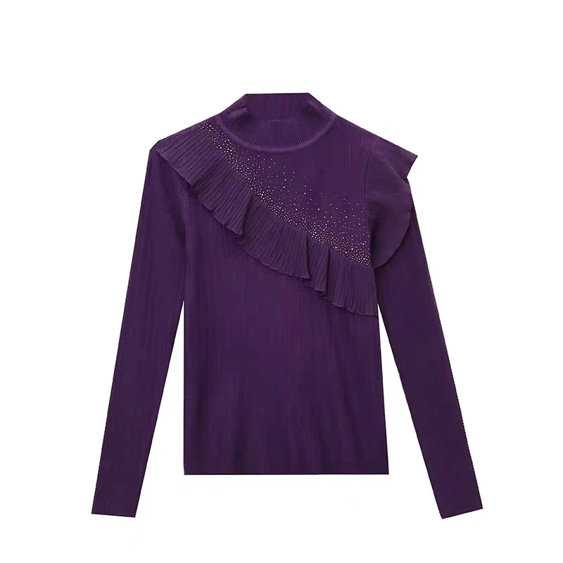 Runway Spring New Fashion Women Turtleneck Long Sleeved Sweater Pullover Chic Ruffled Diamonds Stretch Slim Knitted Girl Tops