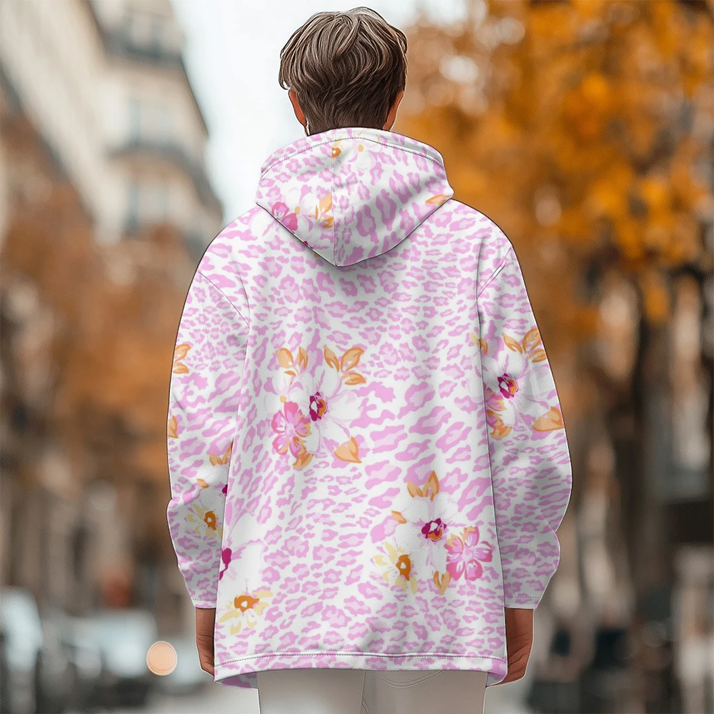 Man winter clothing, New in Down Coats, Light pink graffiti flower dots cotton-padded jacket clothing, feather pocket zipper