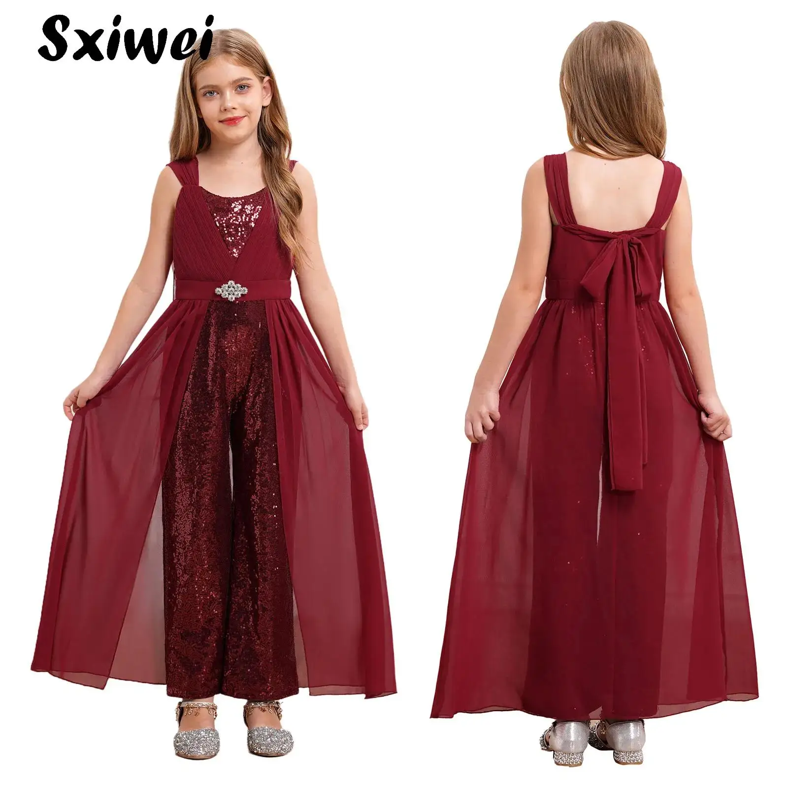 

Big Girls Jumpsuit Sleeveless Sequin Chiffon Overlay Long Romper Dress Birthday Party Wedding Prom Maxi Gown for Banquet Pageant