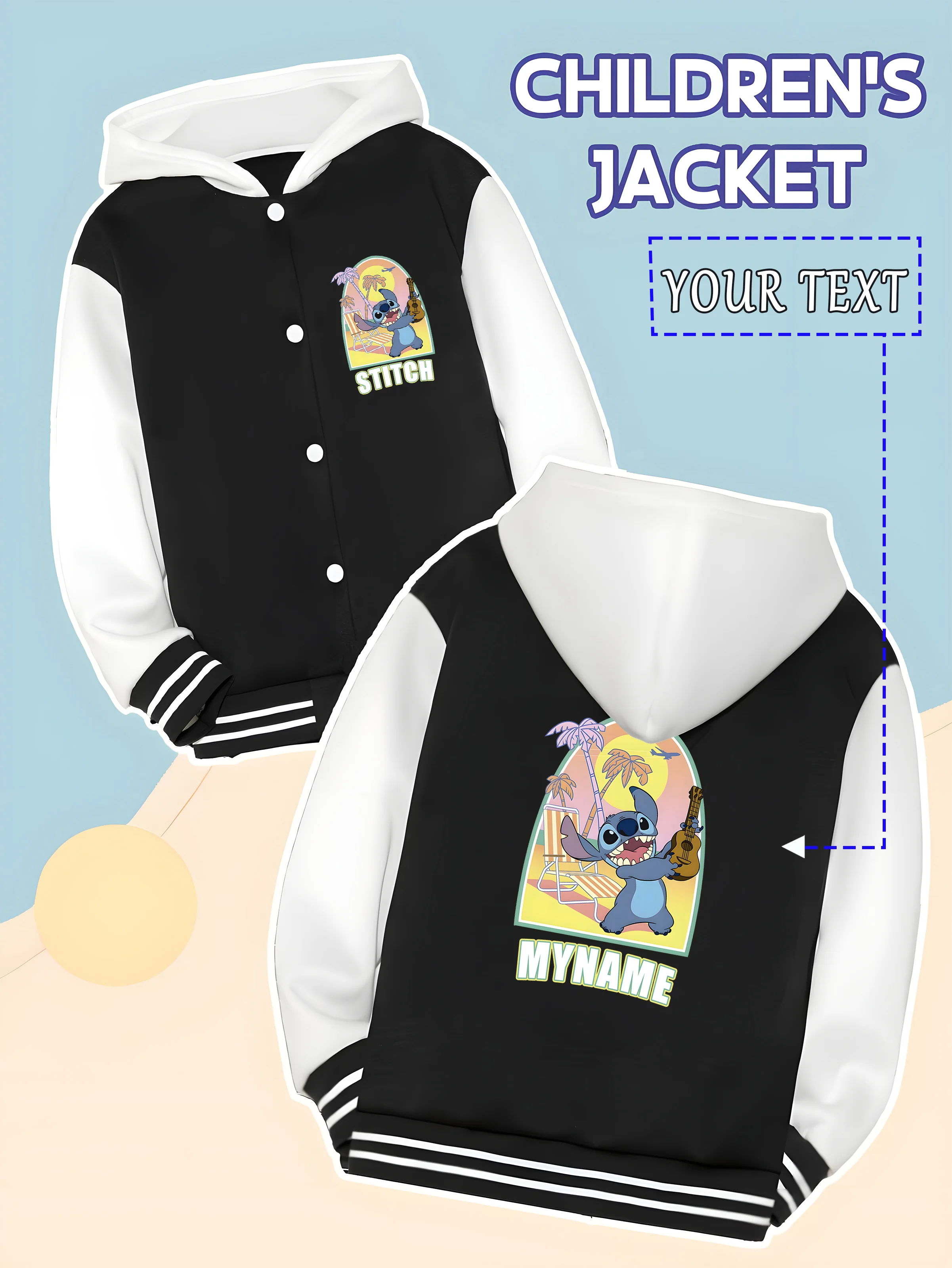

MINISO Disney Beach Stitch Boys' Baseball Jacket - Stitch's beachy antics are available in a custom "MYNAME" holiday style. This