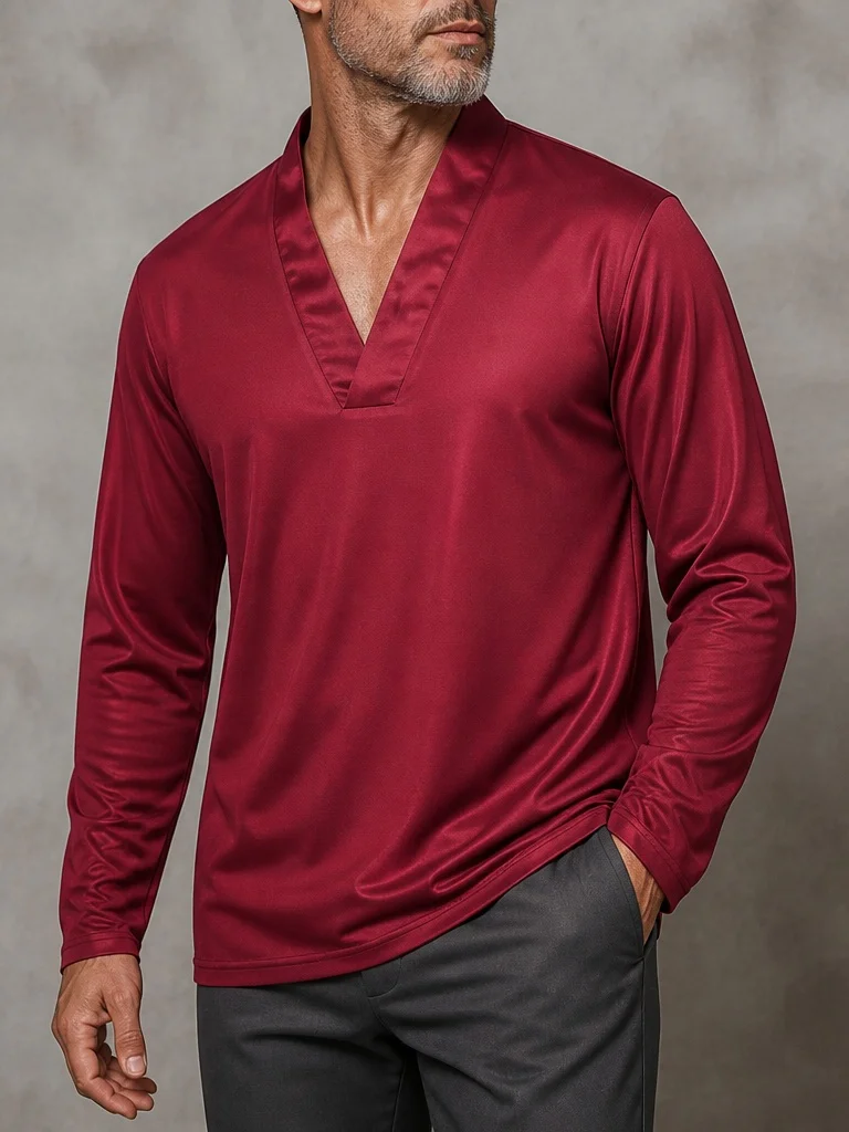 Men's Wine Red Deep V Neck Long Sleeve T Shirt Solid Color Loose Fit Autumn Winter Casual Tops for Daily Party Formal Occasions