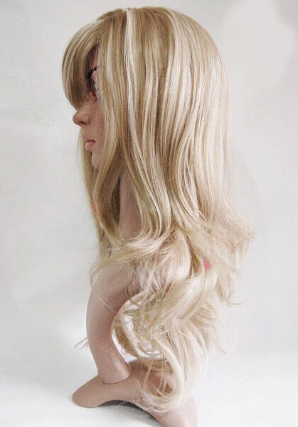 Ash Blonde Bleach Blonde Highlight Long Wavy Ladies Wig Synthetic