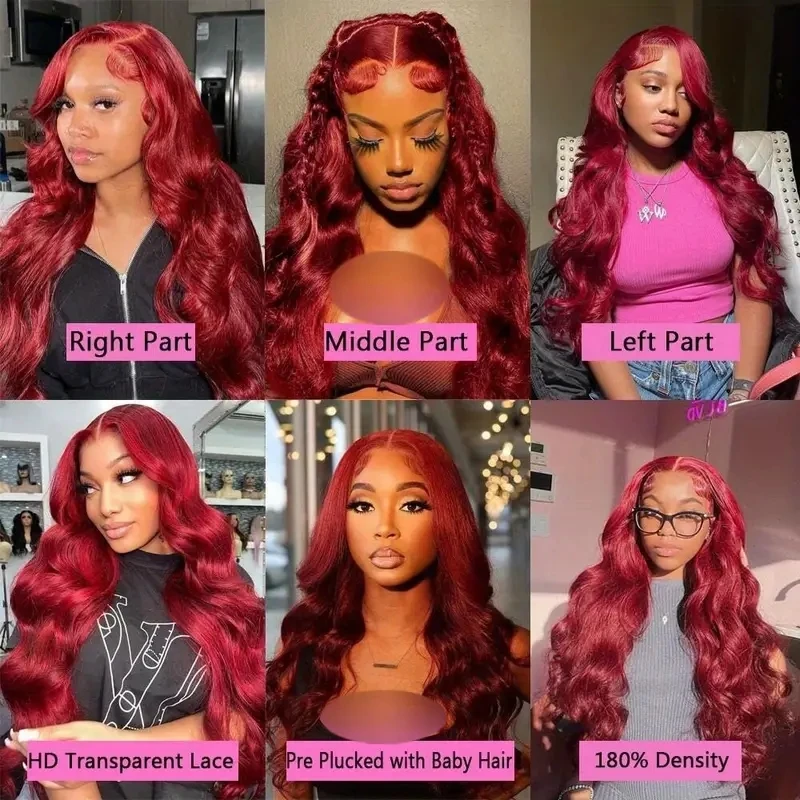 99j Burgundy Body Wave Transparent Lace Front Wig 13x6 Virgin Human Hair Wigs 250 Density Pre-Plucked Voluminous Waves for Women