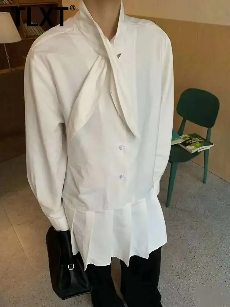 

TLXT French Style Pleated Shirt Women's 2025 Spring New Solid Color Long Sleeves Single Breasted Mid Length Blouses XK1288