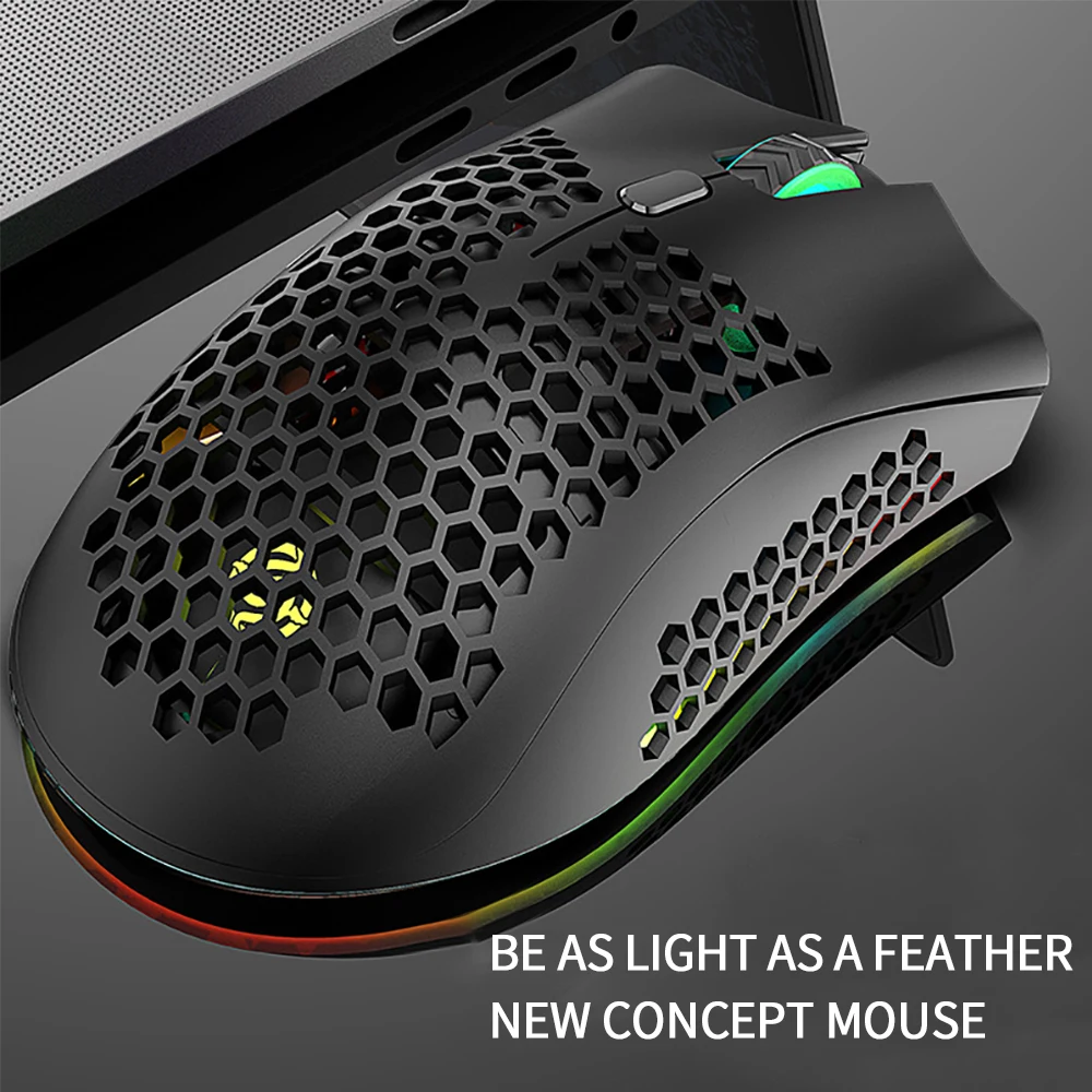 2.4G Wireless Mouse with RGB Backlit 7-button 3-speed DPI Type C Rechargeable Ergonomic Honeycomb Design Gaming Mouse