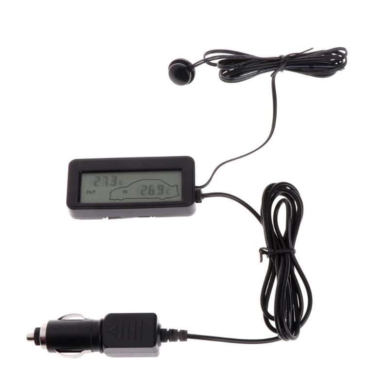 Thermometer,Mini Digital Car LCD Display Indoor Outdoor Thermometer 12V Vehicles 1.5m Cable