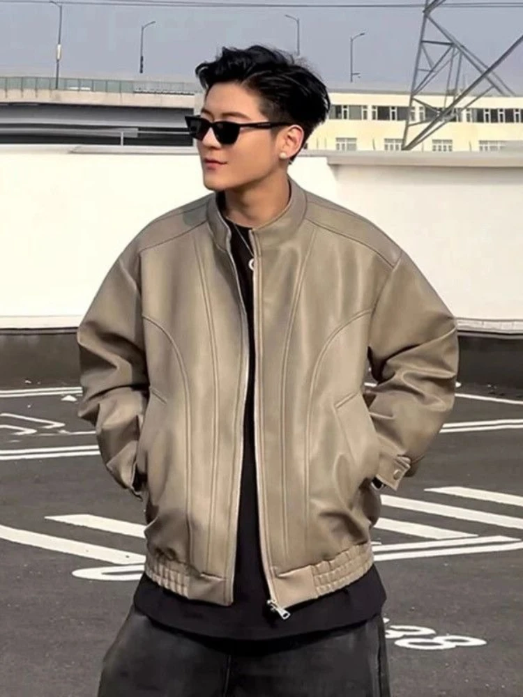 

Men's Retro American Style Suede Leather Jacket Spring Autumn Streetwear Crew Neck Bomber Coat​