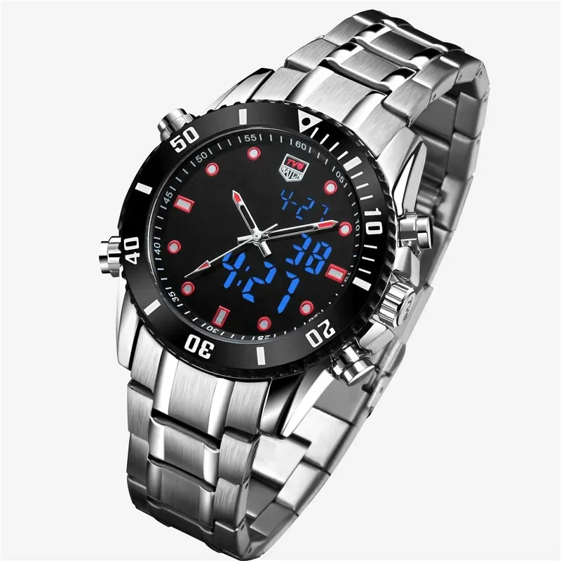 Men Watch Sport Dual movement quartz Stainless Steel Stop Watches LED Digital Watch Waterproof Men clock TVG KM527