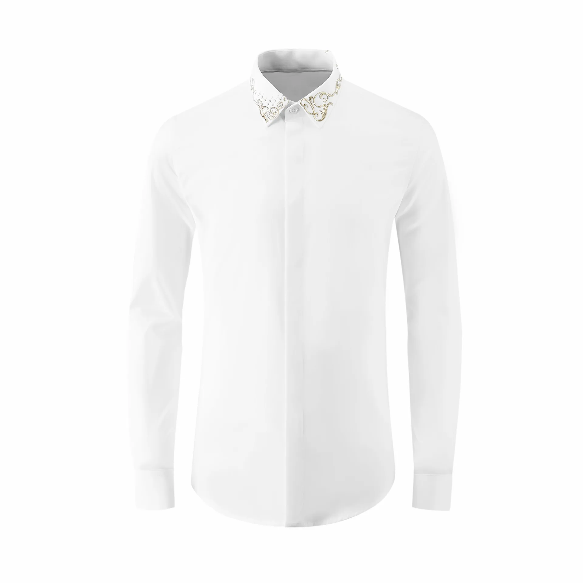 Men's slim fit long sleeved shirt collar with gold thread embroidery, royal pattern, Chinese style, ethnic style factory