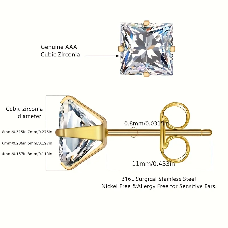 6 pairs Unisex Style Hypoallergenic 316L Medical Stainless Steel Square Cubic Zirconia Stud Earrings Perfect for Holiday Gift