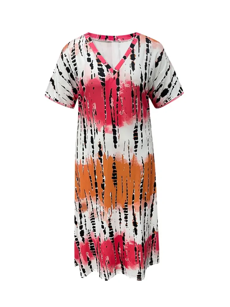 Plus Size Tie Dye V Neck Split Dress Vacation Style Sukienka z krótkim rękawem na wiosnę i lato Odzież damska Plus Size