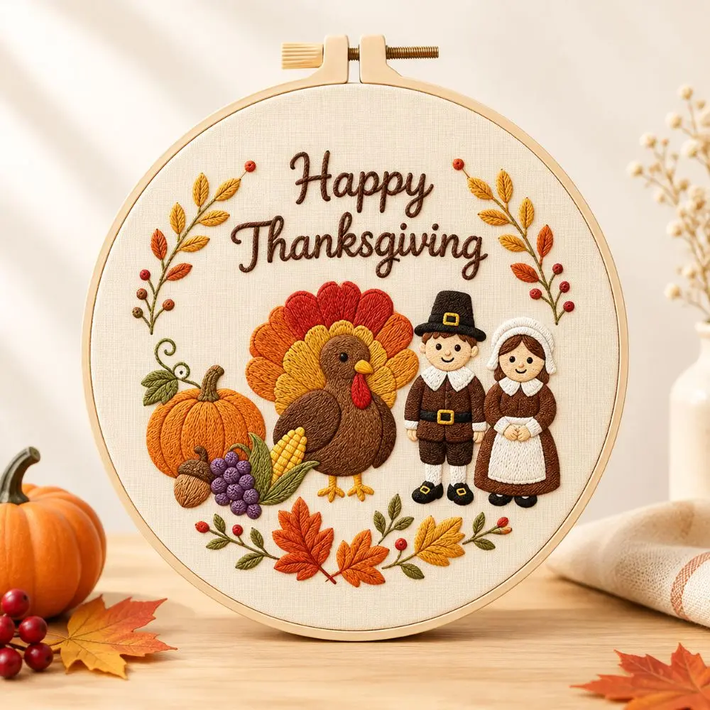 Thread Stamped Cloth Happy Thanksgiving Day Embroidery Kit With EN Instruction DIY Embroidery Material Kit