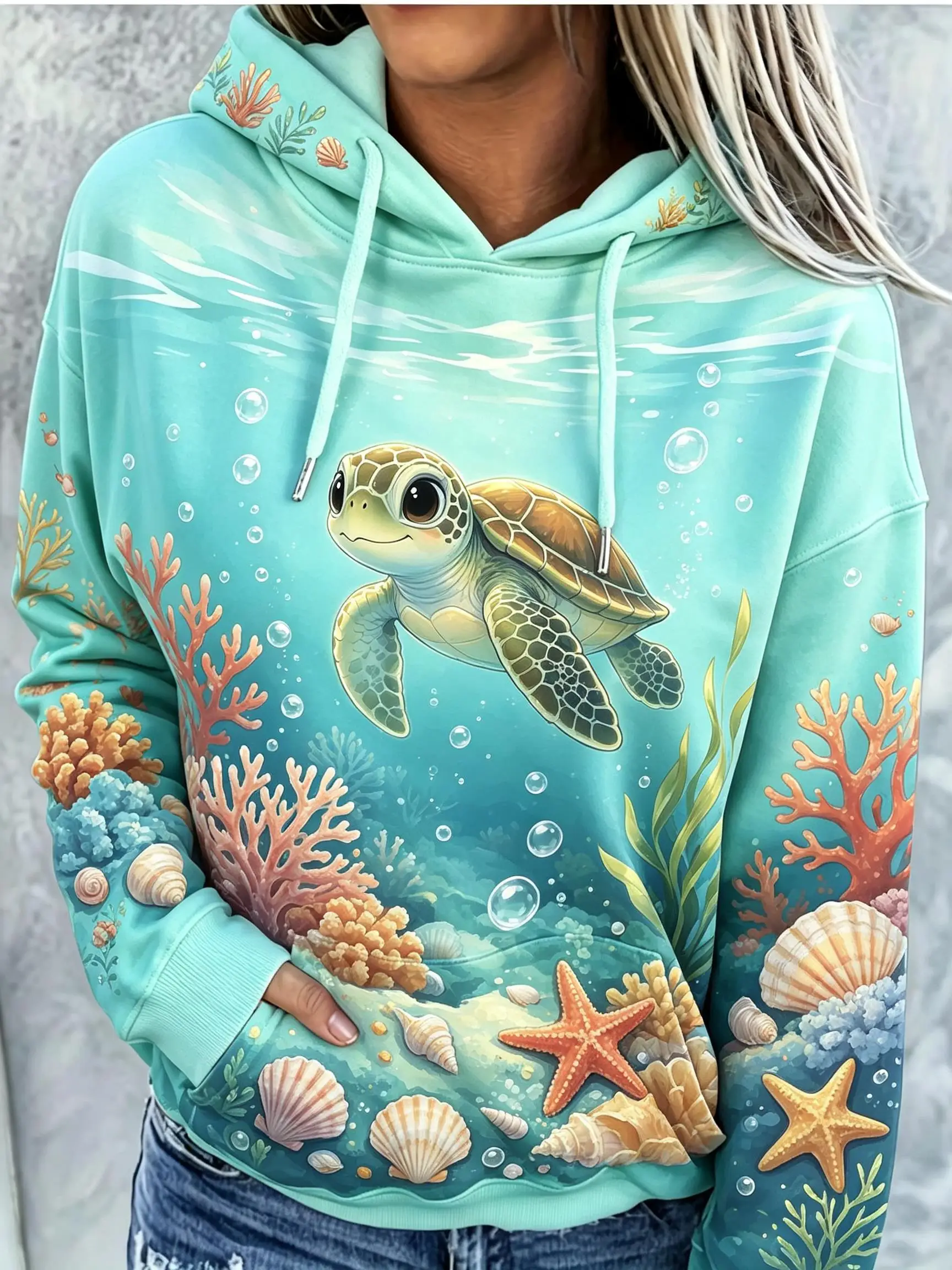Women Fleece Hoodie Cute Kitten In Coffee Cup Cookies Bow Heart Sleeve Print Long Drawstring Pocket Hooded Sweatshirt