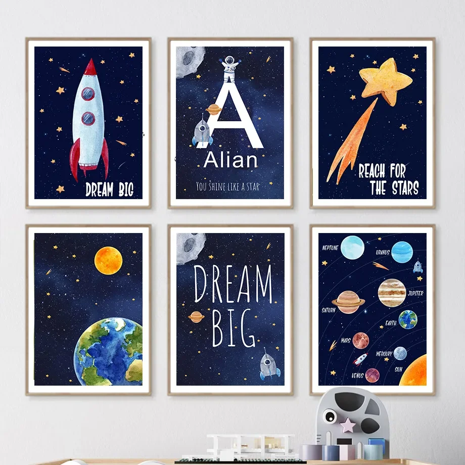 Custom Name Kids Room Decorative Wall Art Prints Space Astronaut Interior Poster Baby Canvas Decoration Wall Pictures Home Decor