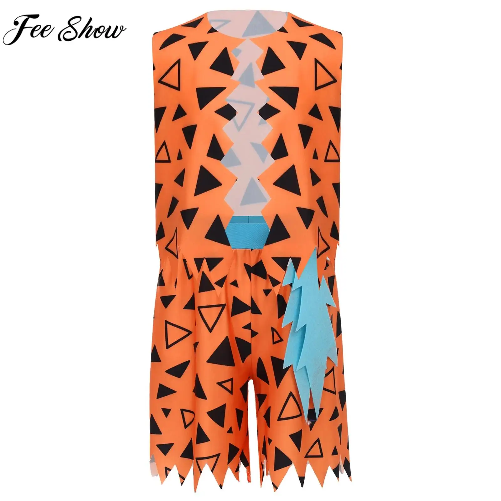 6-16Y Boys Flintstone Costume Halloween Cavemen Stone Age Primitive Man Tribe Cosplay Costume Print Vest 3D Bone Decor Shorts
