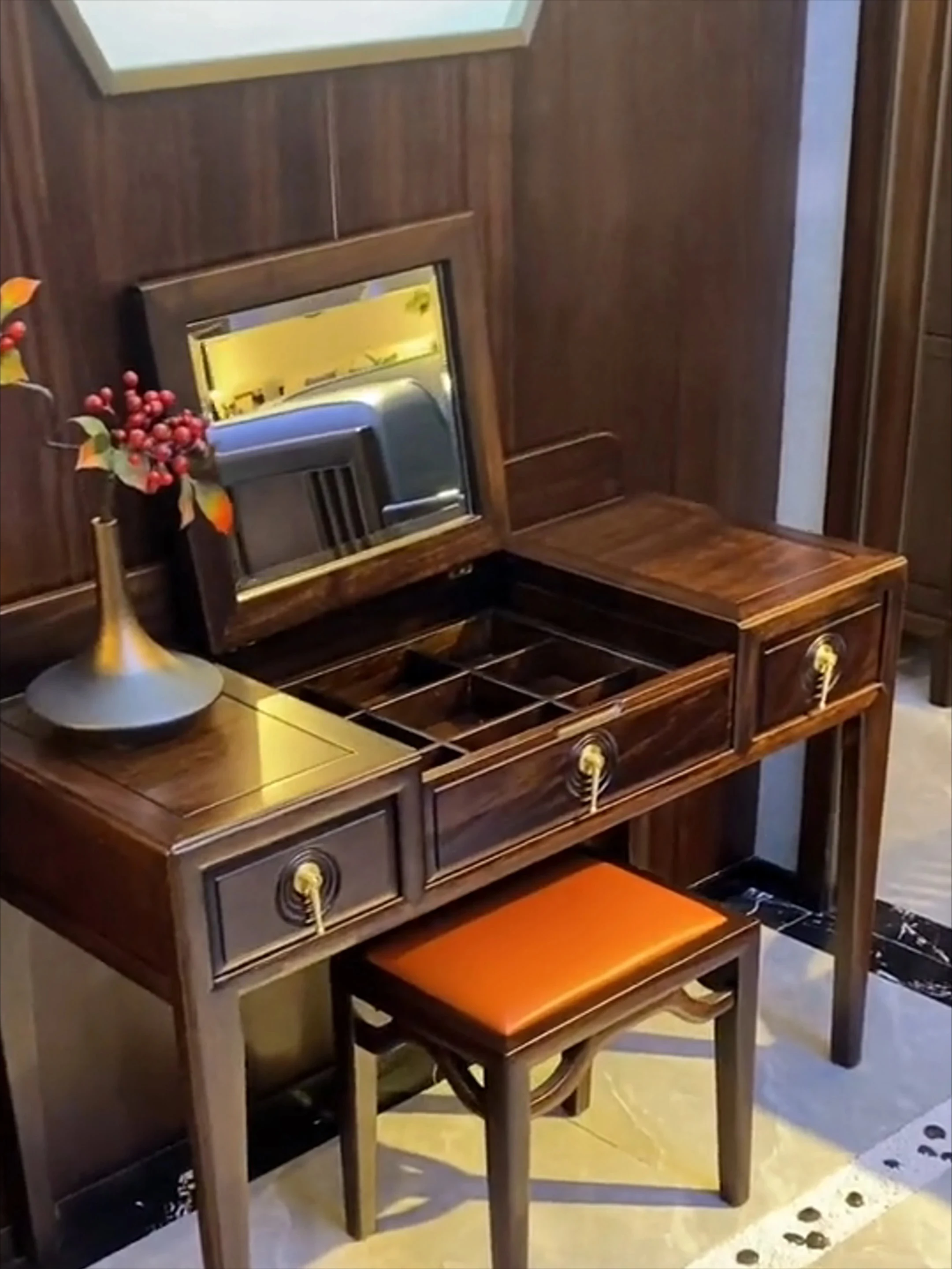 

New Chinese Style Ugyen Wooden Dressing Table Dressing Stool Combination Modern Minimalist Bedroom Flip Makeup Table