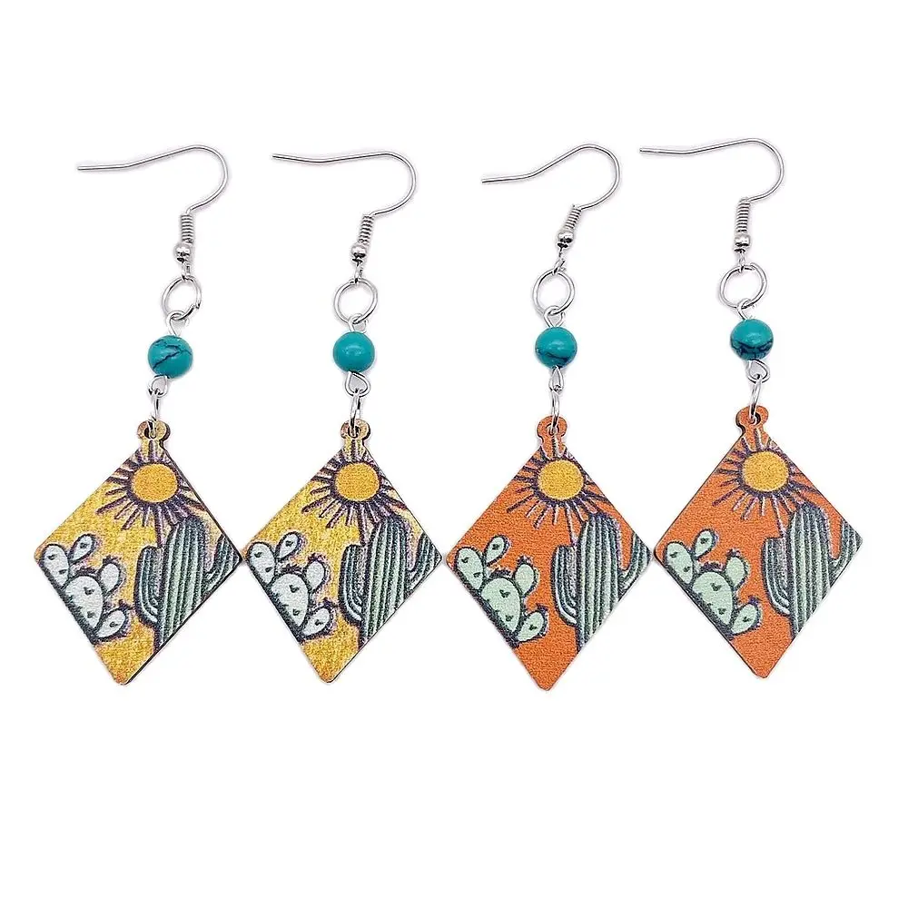 New Sunset Cactus Landscape Wood Earrings American West Style Turquoise Beads Geometric Pendant Ear Rings Gift Wholesale