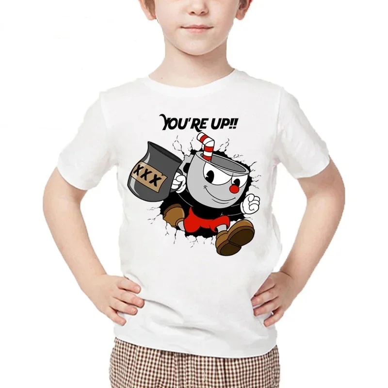 Kids Cartoon Cuphead Print T shirt Children Dabbing Cuphead Design Summer Tops Boys and Girls Casual White T-shirt