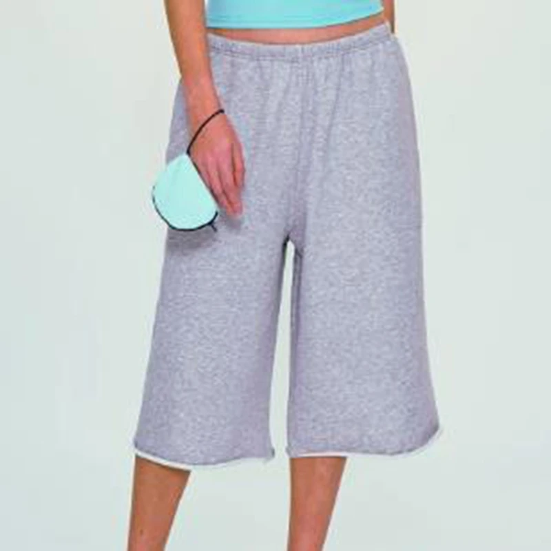 Women Y2K Wide Leg Capri Sweatpants Retro Loose Cropped Culottes Streetwear Summer Elastic Low Rise Mid-Calf Trousers