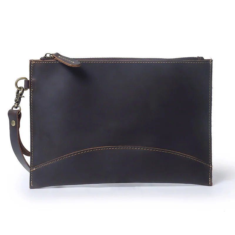 Crazy Horse leather retro envelope clutch, men's zipper handbag, genuine leather light and simple briefcase