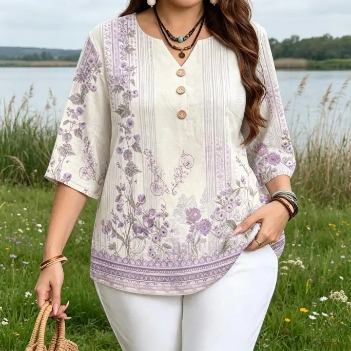 Boho Vintage Floral Print Blouses Notch V Neck Half Button 3/4 Sleeve Country Garden Casual Loose Women Shirts