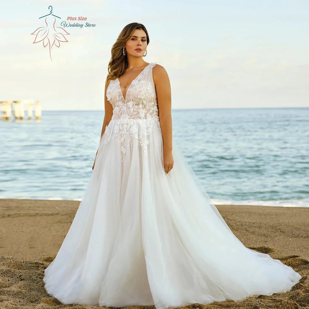 

Beach A-Line Wedding Dresses Plus Size V Neck Sleeveless Bride Gowns Illusion Appliques Floor Length Tulle Vestido De Noiva 2024