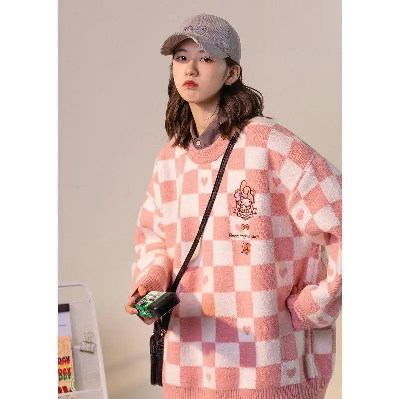 

Sanrio Kuromi My Melody Cinnamoroll Pom Pom Purin Checkered Sweater Women's Autumn Winter New Design Trendy Loose Knit Pullover