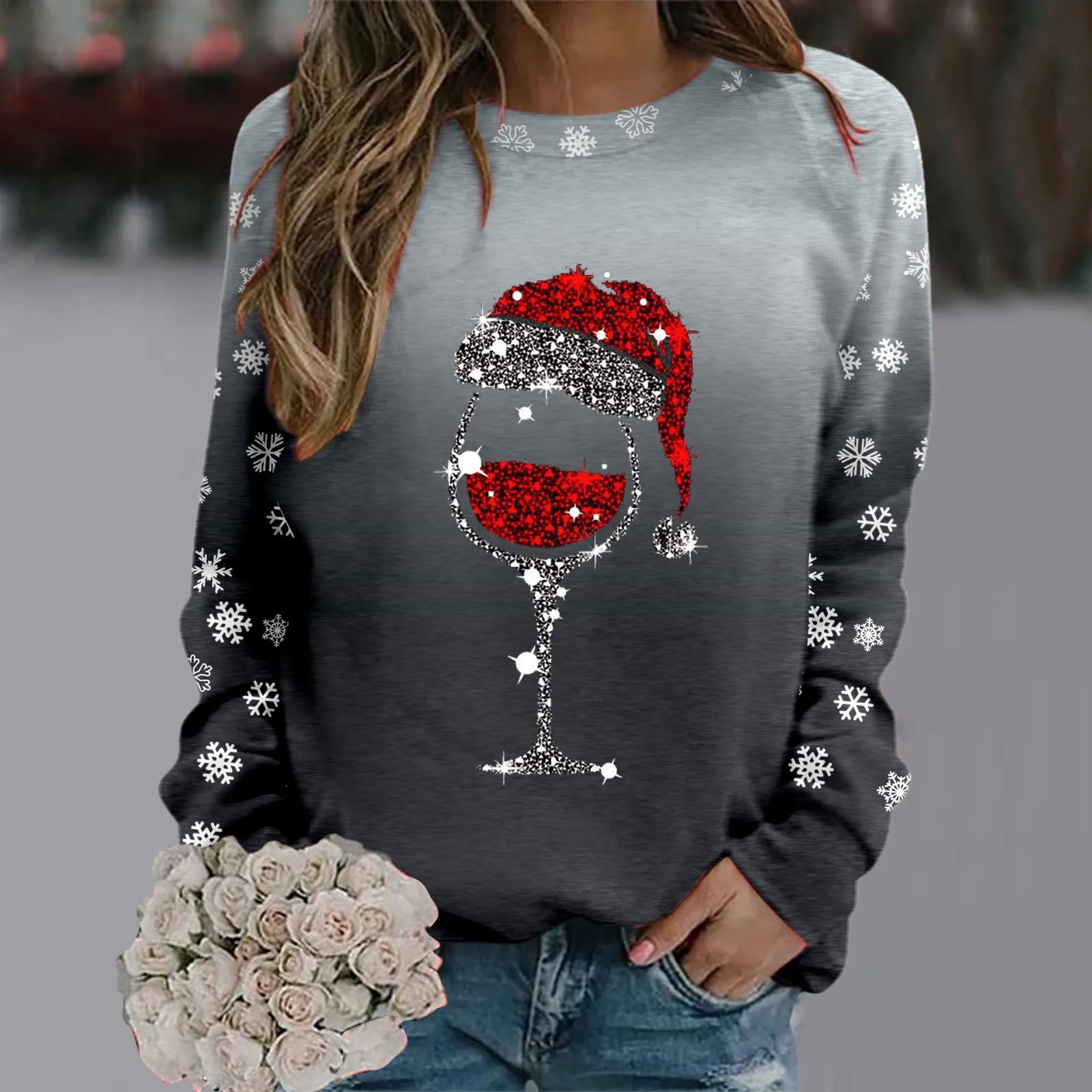 Jersey con estampado navideño Para Mujer, Camiseta holgada de manga larga con estampado de copa de vino, Sudaderas con capucha, Blusas Para Mujer