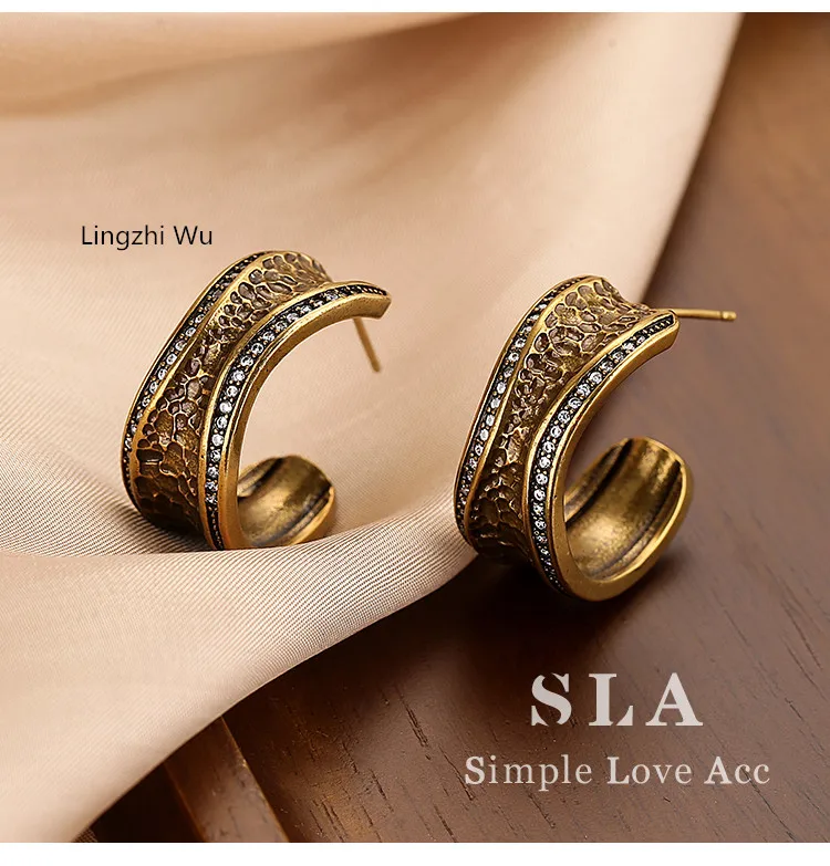 Lingzhi Wu Silver Vintage Zircon Ancient Copper Earrings for Female, French and European Personality, Top Quality, New Arrival