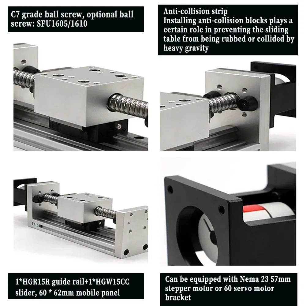 Linear Guide Electric Or Manual Sliding Table SFU1605/1610 BallScrew 50-1200mm Linear Actuator XYZ Axis Nema 23 /60mm Bracket