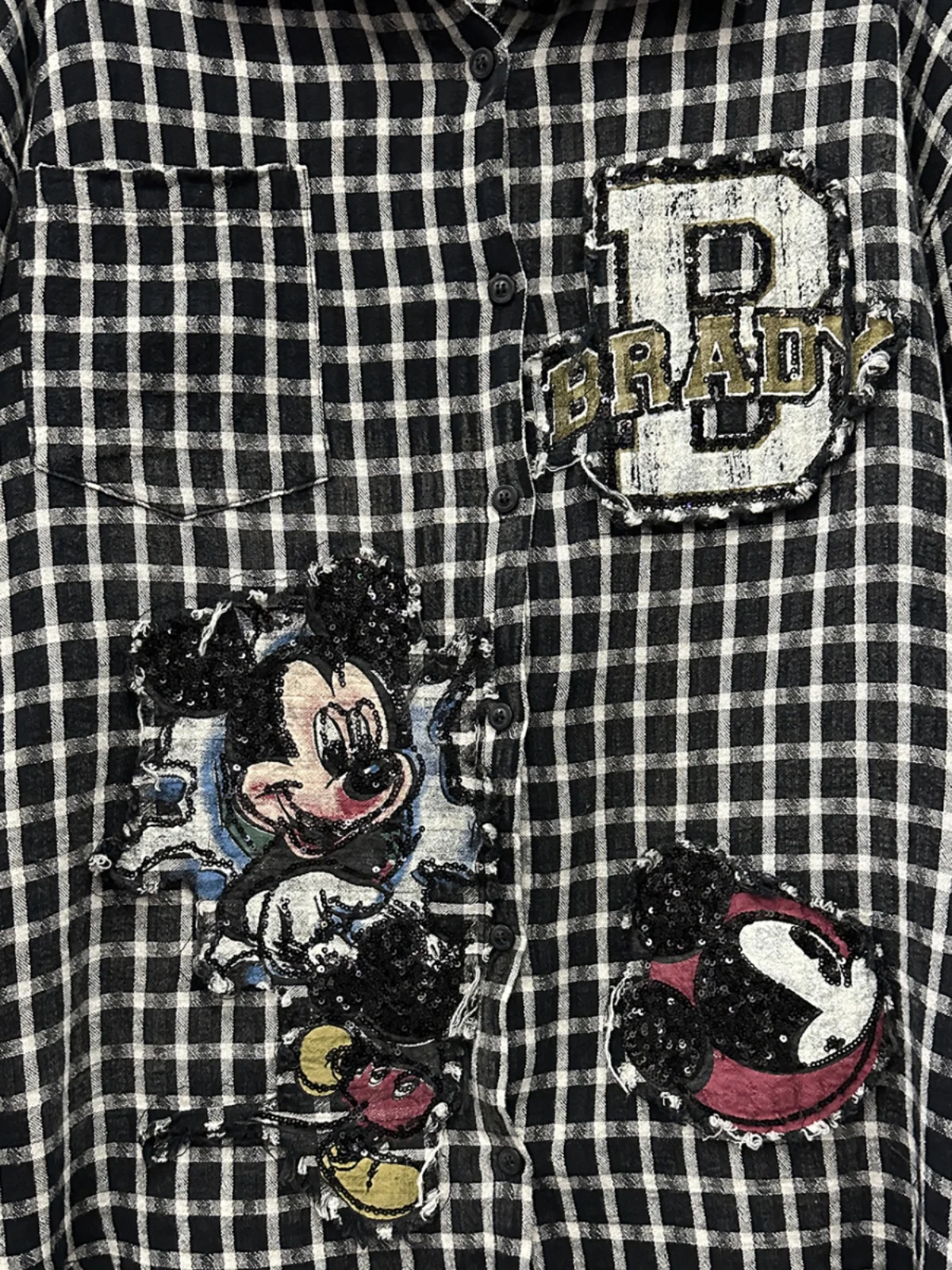 Spring and Summer New Heavy Industry Cartoon Plaid Long-sleeved Shirt Women's Loose Mid Length Street Hipster Sequined Top