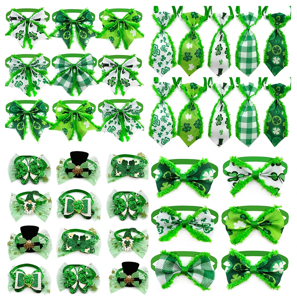 50pcs New ST Patrick's Pet Dog Bowties Small Dog Collar Lucky Clover Style Holiday Dog Grooming Neckties Bowtie Pet Supplies