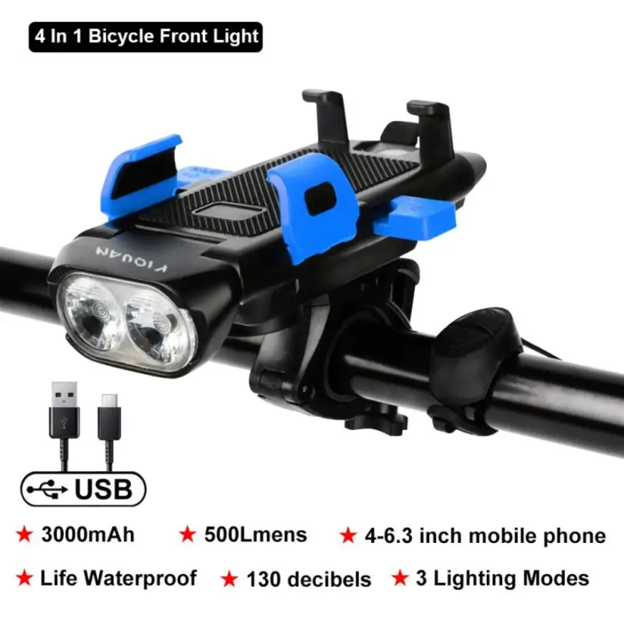 

4 IN 1 Led Light Front USB Rechargeable Horn Phone Holder Lamp Flashlight for Bike Light Lantern Accesso